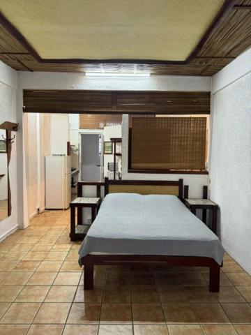 een slaapkamer met een bed in een kamer bij Les Mangroves in Mahébourg