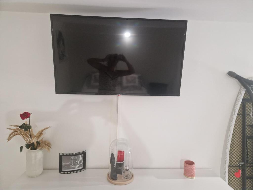 une personne prenant une photo sur un téléviseur au-dessus d'un comptoir dans l'établissement Appartement 42m2, à Hyères