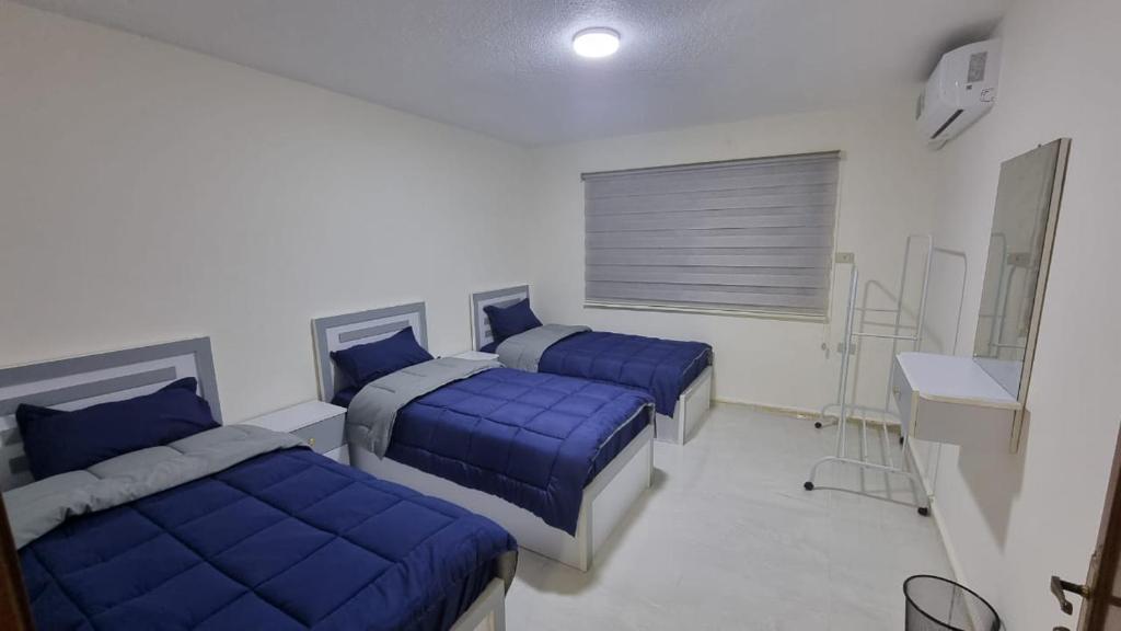 a bedroom with two beds with blue pillows at City centre Apartment in Petra