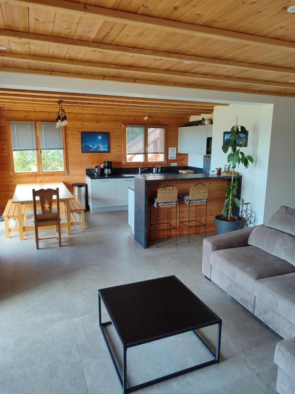 a living room with a couch and a kitchen at les balcons de Serre-Poncon in Chorges