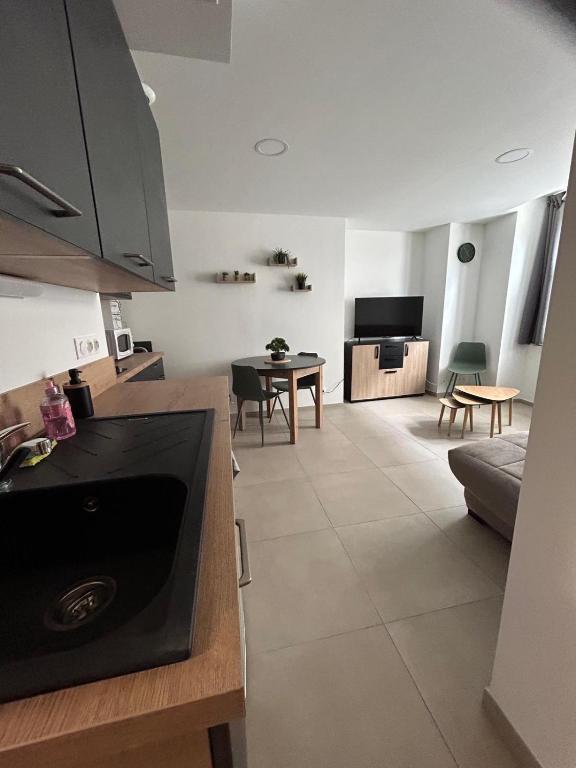 une cuisine et un salon avec un canapé et une table dans l'établissement Joli T2 chez Mumu, à Saint-Donat-sur-lʼHerbasse