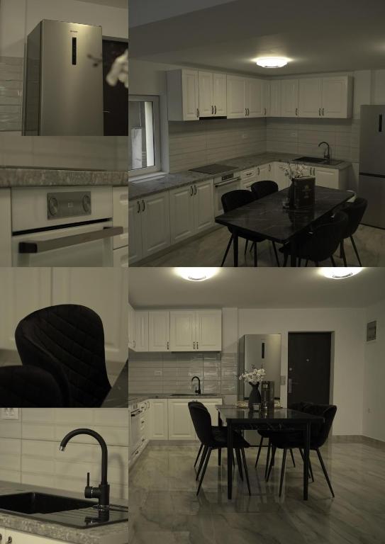 a collage of photos of a kitchen with a table at Enk Residence in Târgovişte