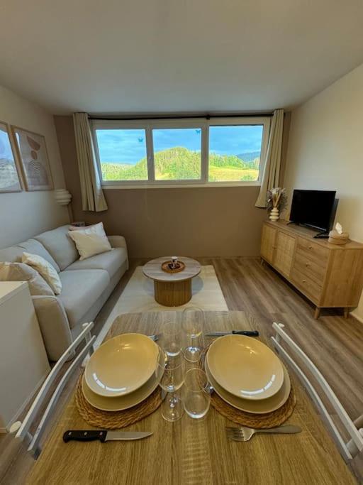 un salon avec une table et un canapé dans l'établissement Studio cosy au cœur du Haut-jura, à Foncine-le-Bas