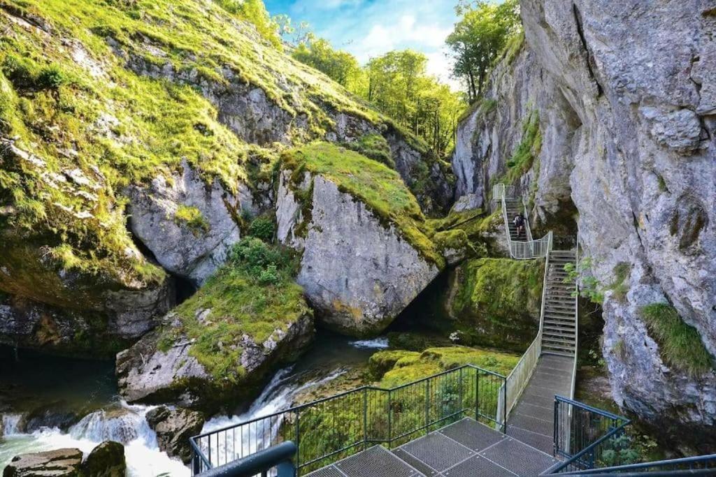 a staircase leading into a river in a rocky cliff at Studio cosy au cœur du Haut-jura in Foncine-le-Bas