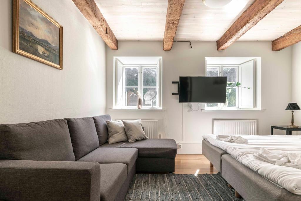 Una sala de estar con un sofá y un televisor de pantalla plana. en Cozy apartment in the heart of Visby, en Visby