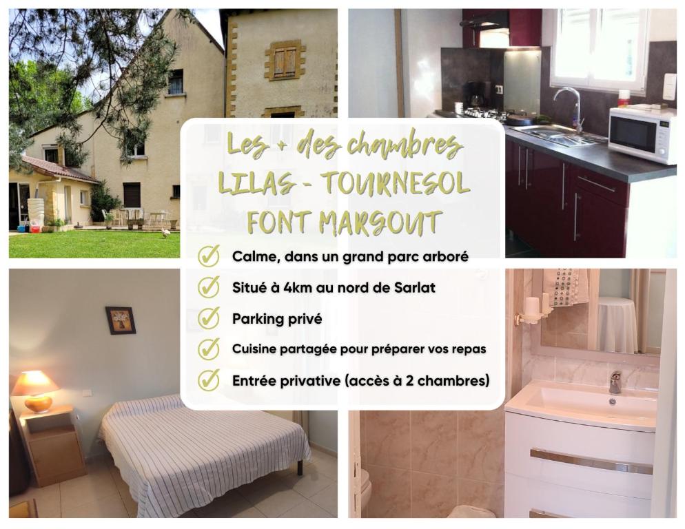 un collage de photos d'une cuisine et d'un prospectus pour une maison dans l'établissement Chambre B&B à Font Margout - Calme - 4km de Sarlat - Petit-déjeuner, à Sarlat-la-Canéda