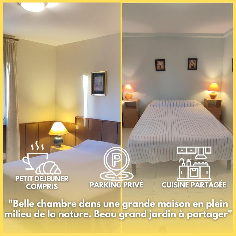 une chambre avec deux lits dans une pièce dans l'établissement Chambre B&B à Font Margout - Calme - 4km de Sarlat - Petit-déjeuner, à Sarlat-la-Canéda