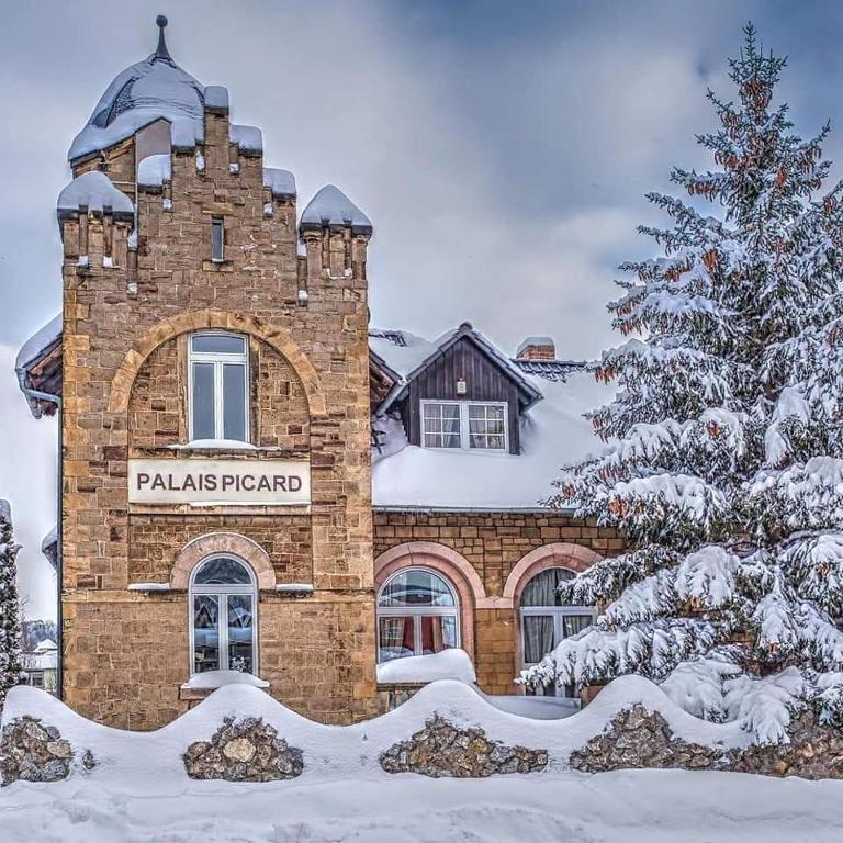 a building with a christmas tree in front of it at Palais Picard Westflügel in Thale