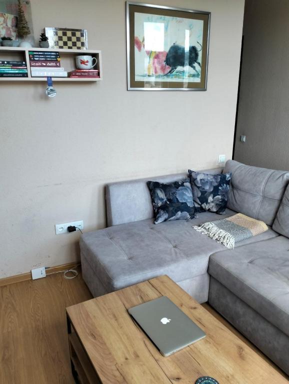 a living room with a couch and a table with a laptop at Home In Saburtalo in Tbilisi City