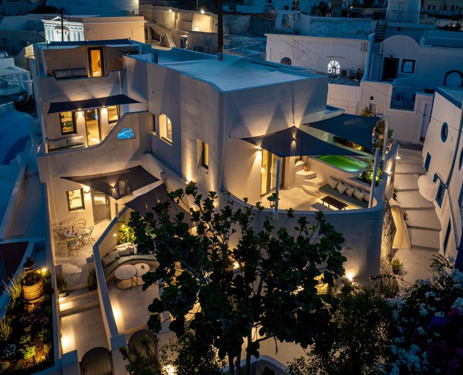 an aerial view of a building at night at Galaria Serenity Suites in Vóthon