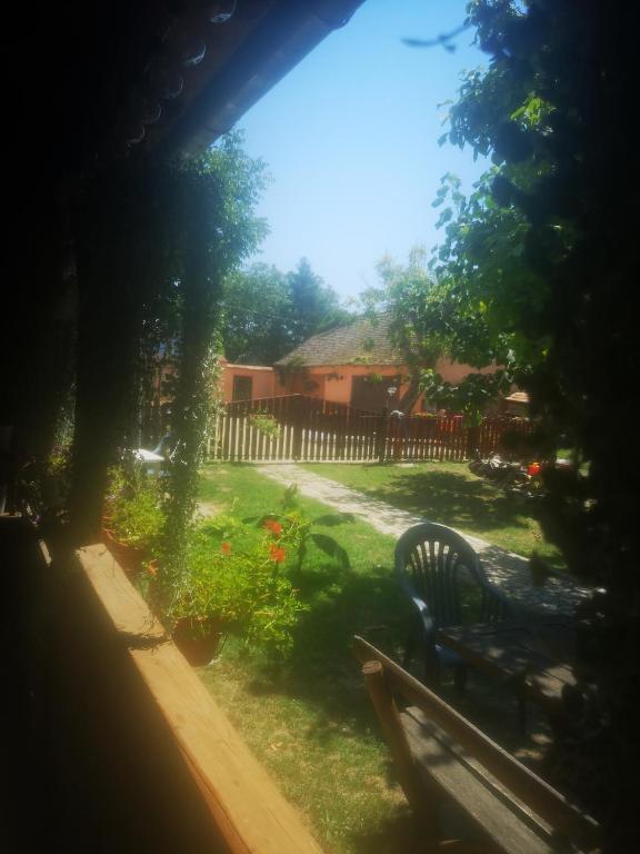 a park bench in a yard with a fence at CycloCamp & Hostel in Skorenovac
