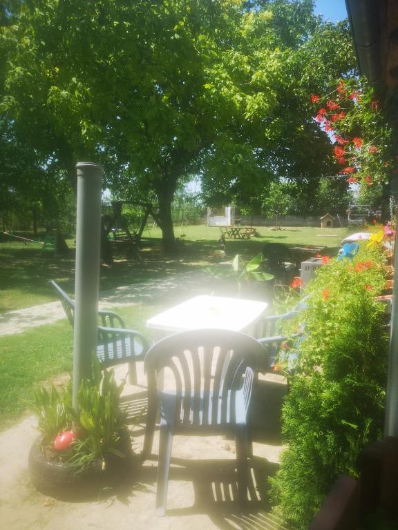 a patio with a table and chairs in a park at CycloCamp & Hostel in Skorenovac