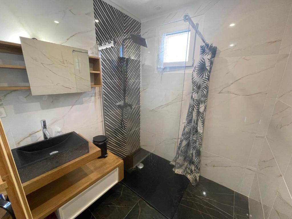 La salle de bains est pourvue d'un lavabo et d'une douche avec rideau de douche. dans l'établissement Villa proche aérodrome les Pujols, à La Tour-du-Crieu