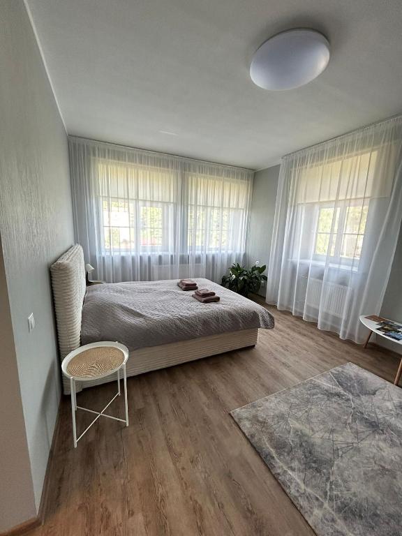 a bedroom with a bed and a chair and windows at Apartment AMBER in Brocēni