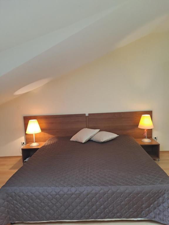 una camera da letto con un letto grande con due lampade di Family Studio 407, Villa park a Borovets
