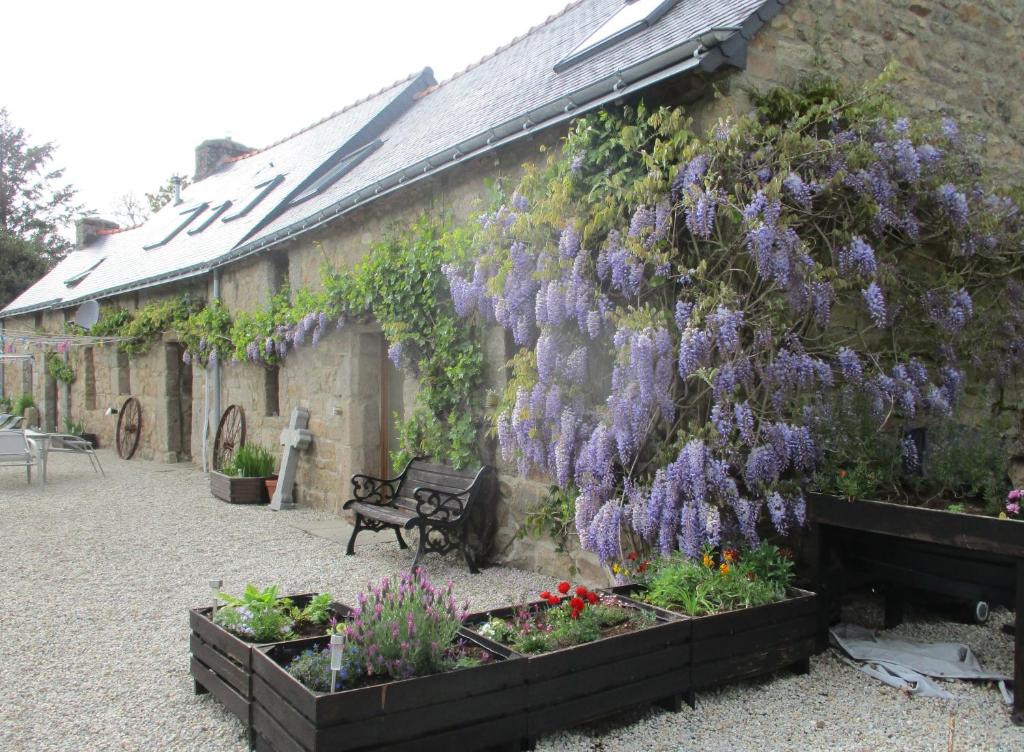 un edificio con fiori viola sul lato di Rainbow Cottages a Saint-Nicolas-du-Pélem