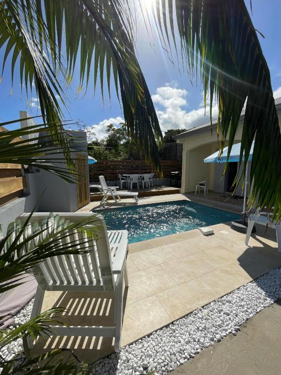a swimming pool with two chairs and a palm tree at La villa Cannelle maison 1 in Étang-Salé