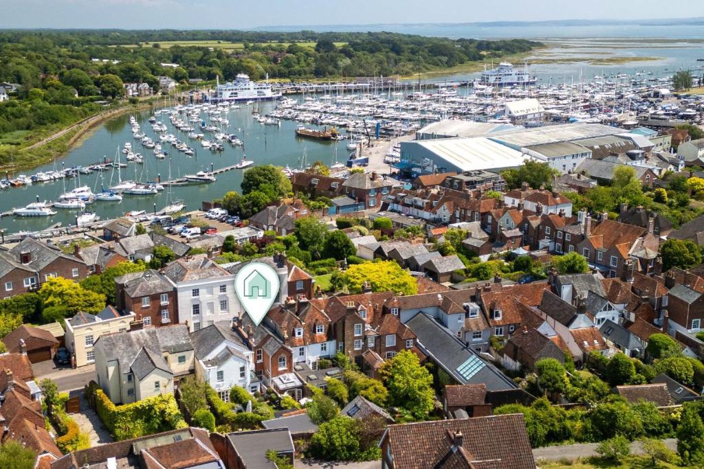 an aerial view of a small town with a harbor at Victory Cottage in Lymington