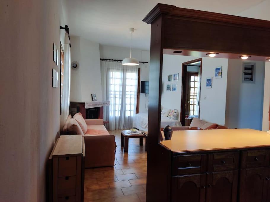 a living room with a couch and a table in a room at Psakoudia old olive trees appartment 50 m2, 2 bedrooms, sea view in Psakoudia