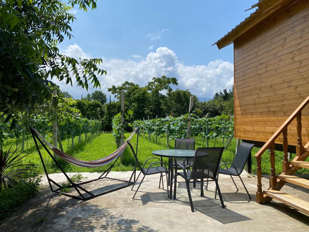 eine Terrasse mit einer Hängematte sowie einem Tisch und Stühlen in der Unterkunft Orion Palace in Batumi