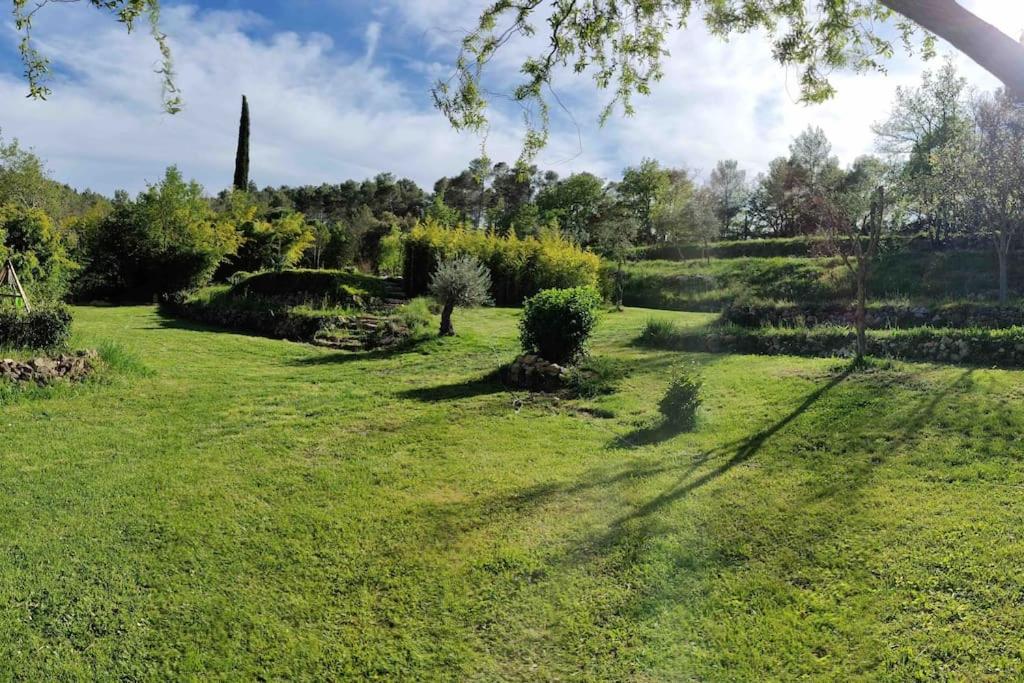 un champ d'herbe verte planté d'arbres et de buissons dans l'établissement maison avec grande piscine dans un cadre magique, à Brignoles