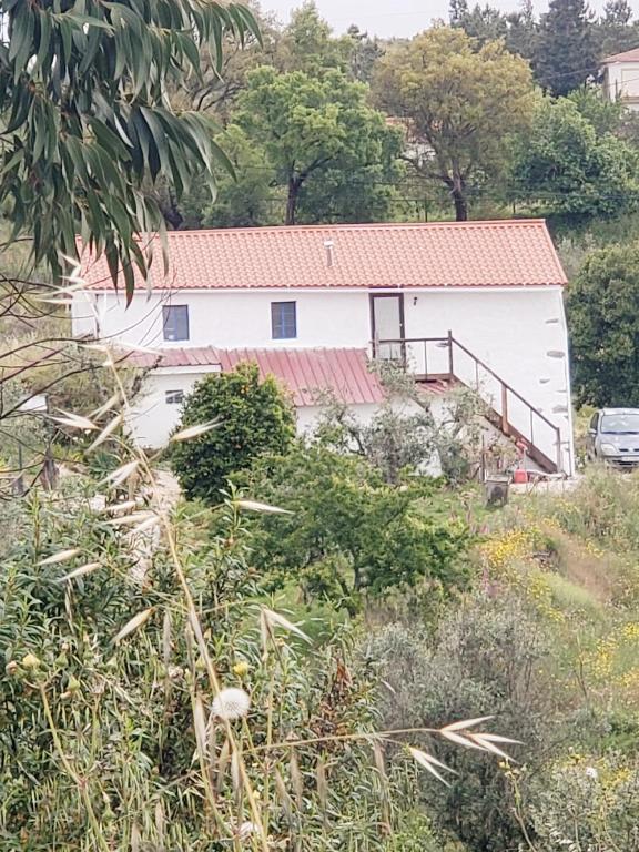 a white house with a red roof on a hill at Casa Hortensia in Cardigos