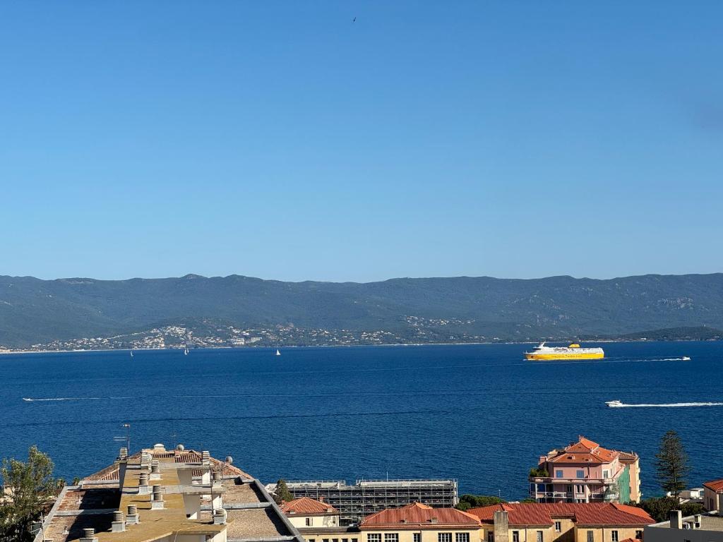 un bateau jaune dans l'eau avec des maisons et une ville dans l'établissement Ajaccio centre ville cosy et spacieux avec climatisation, grande terrasse et vue mer, à Ajaccio