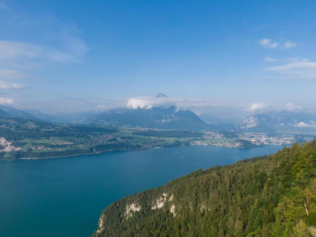 a view of a lake in the middle of a mountain at Hotel Zeit &amp; Traum Privat SPA in Beatenberg