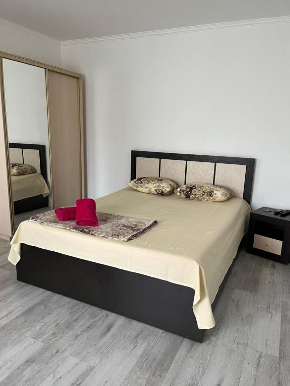 a bedroom with a large bed with a large mirror at Apartament27 in Almaty