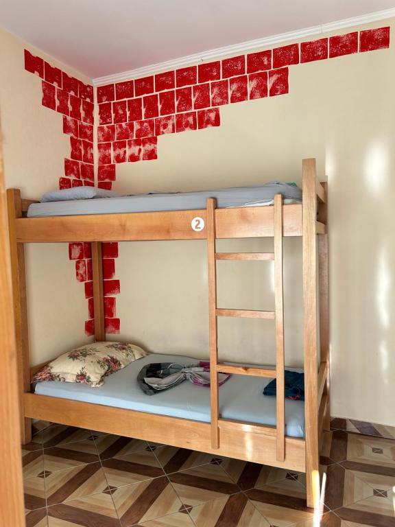 two bunk beds in a room with a brick wall at D1 Hostel in Tirana