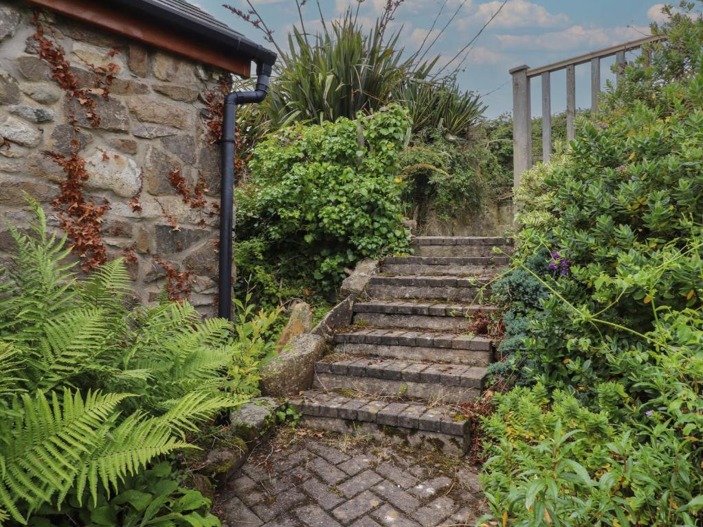 a set of stairs in a garden with plants at The Grain Store in Abersoch
