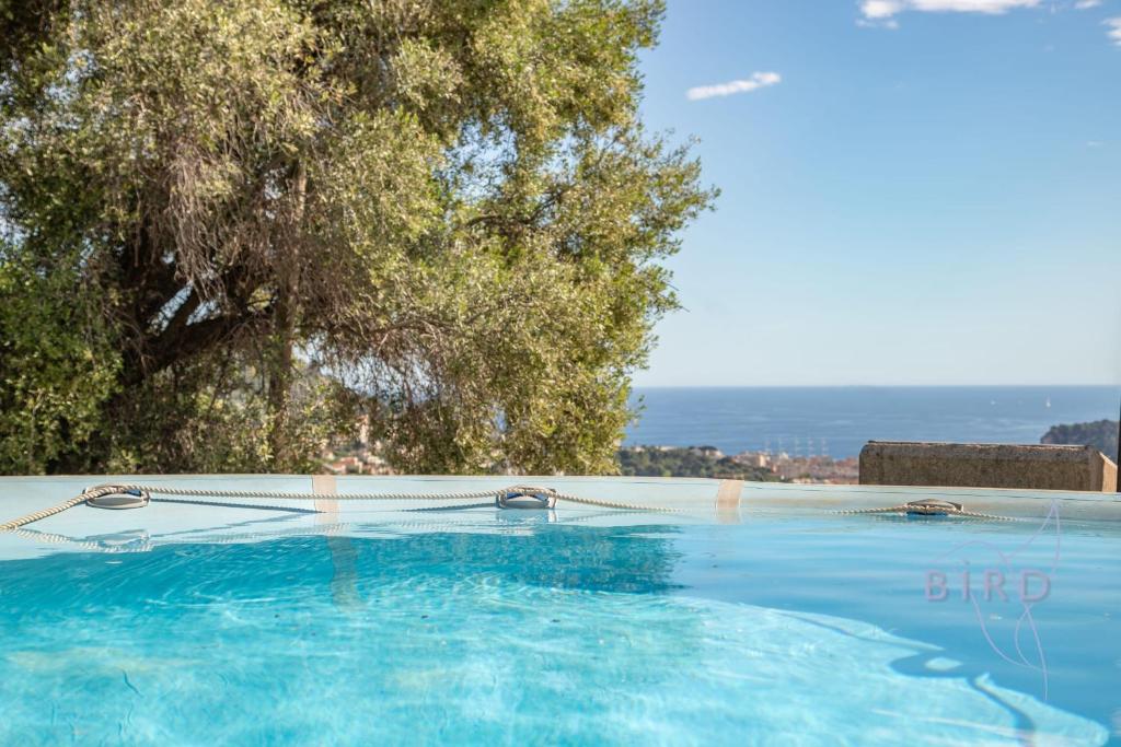 une piscine avec de l'eau bleue et des arbres en arrière-plan dans l'établissement Villa Bonnard in Nice Sea and city View & Pool, à Nice