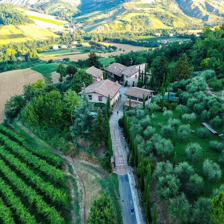 an aerial view of a house with a road and trees at La Buca in Castello di Serravalle