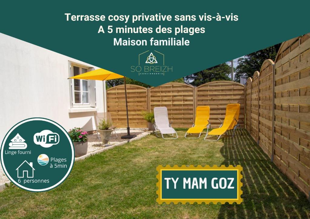 a flyer for a house with chairs in a yard at Ty Mam Goz - Plages à 5 min - wifi - jardin in Concarneau