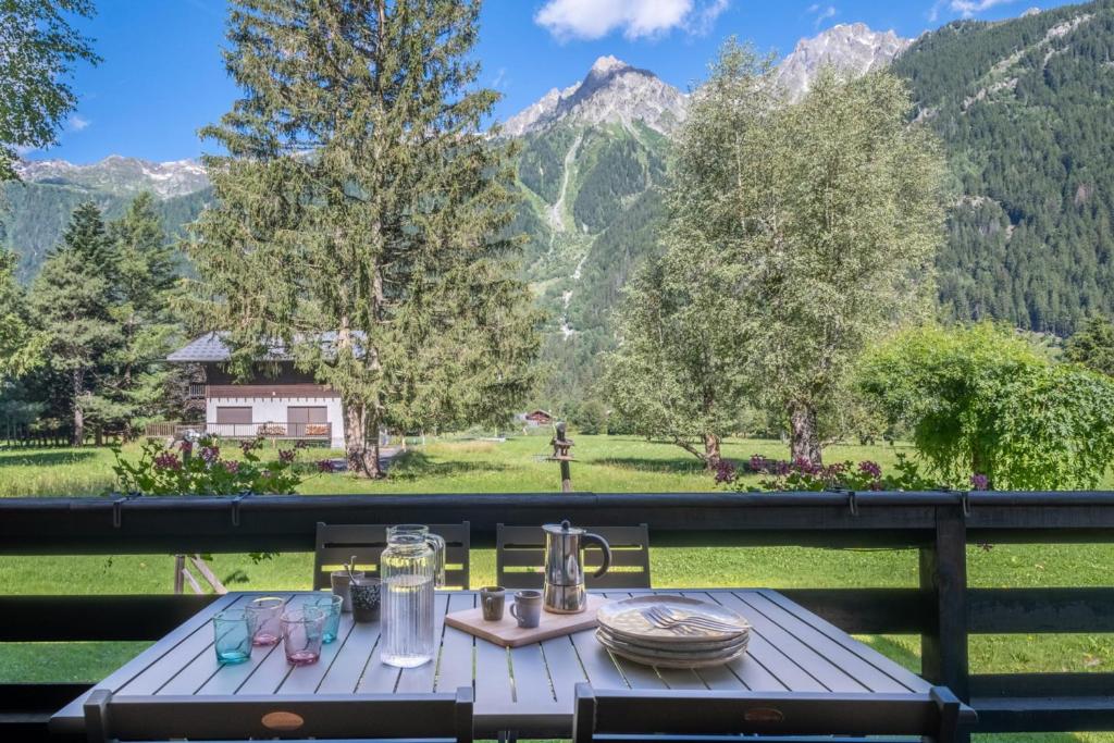- une table de pique-nique avec vue sur les montagnes dans l'établissement Cocooning small chaming chalet with garden, à Chamonix-Mont-Blanc