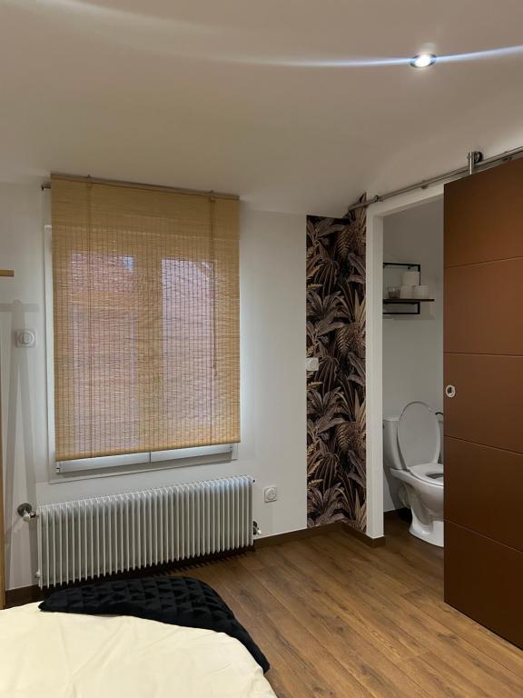 a bedroom with a bed and a toilet and a window at Maison de ville neuve et moderne in Saint-Dizier