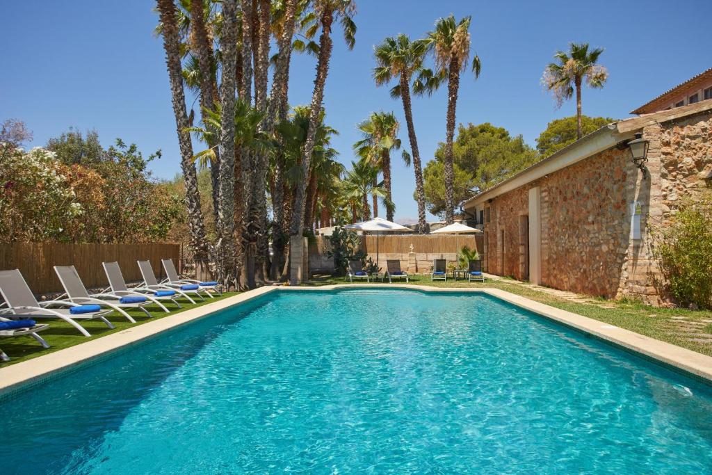 a swimming pool with chairs and palm trees at Virrey Finca Hotel in Inca