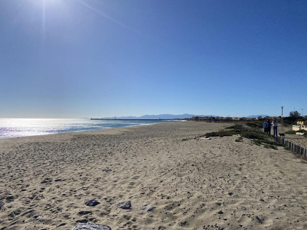 - une plage de sable avec des personnes debout à côté de l'eau dans l'établissement Eden, à Leucate
