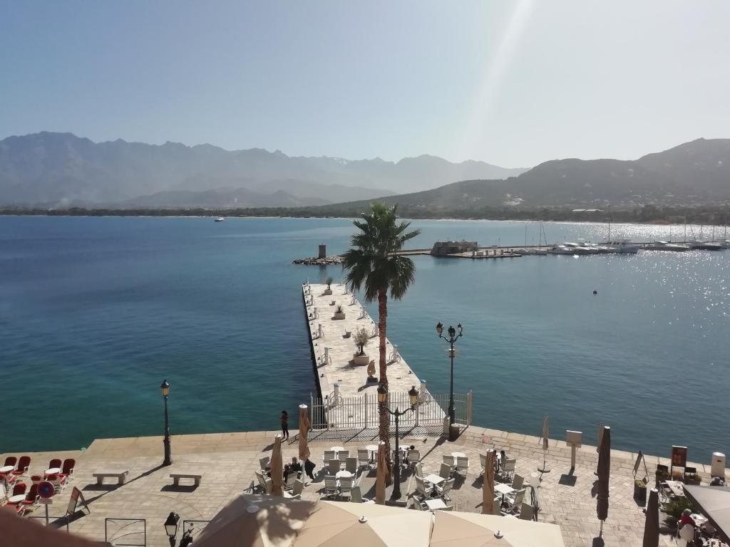 - une vue sur une grande étendue d'eau avec une jetée dans l'établissement Appartement face au quai d'honneur, à Calvi