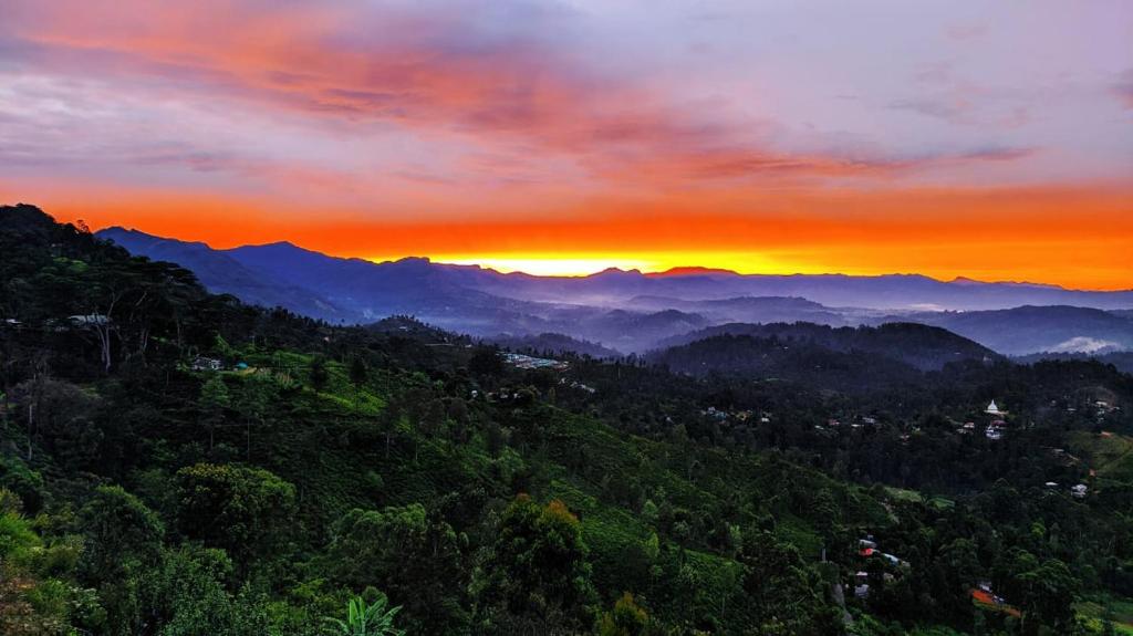 a sunset over a mountain valley with trees and mountains at White Home in Haputale