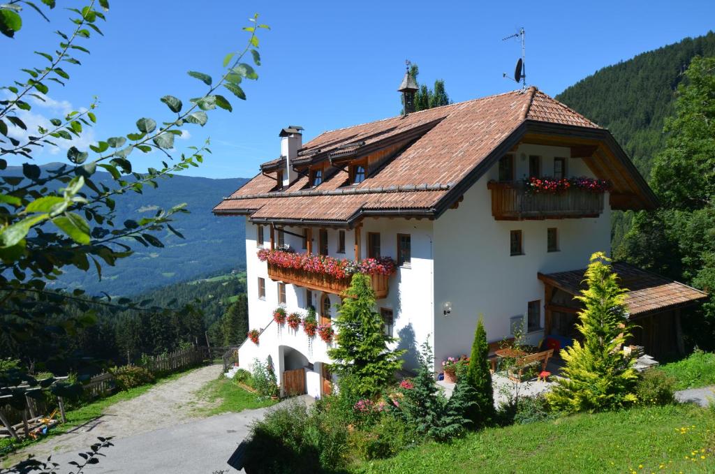 Una casa en una colina con flores. en Bärntalerhof en Falzes