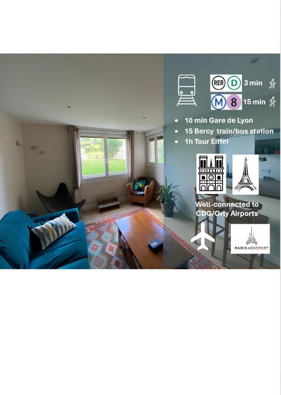 un salon avec un canapé bleu et une table dans l'établissement Cosy apartment 10min from Paris Gare de Lyon, à Alfortville