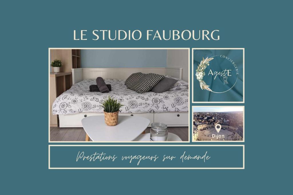 - un collage d'une chambre avec un lit et une table dans l'établissement Studio Faubourg-Raines, à Dijon