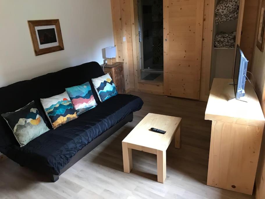 un salon avec un canapé noir et une table dans l'établissement Studio à la montagne Flumet, à Flumet