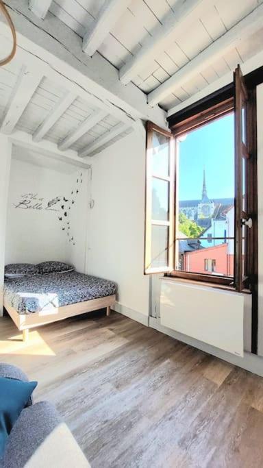une chambre avec un lit et une grande fenêtre dans l'établissement Appartement vue cathédrale, à Amiens