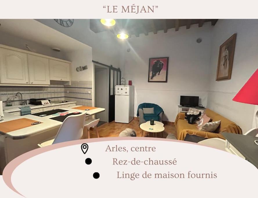 une pièce avec une cuisine et un salon dans l'établissement Le Méjan Appart Centre Arles, à Arles