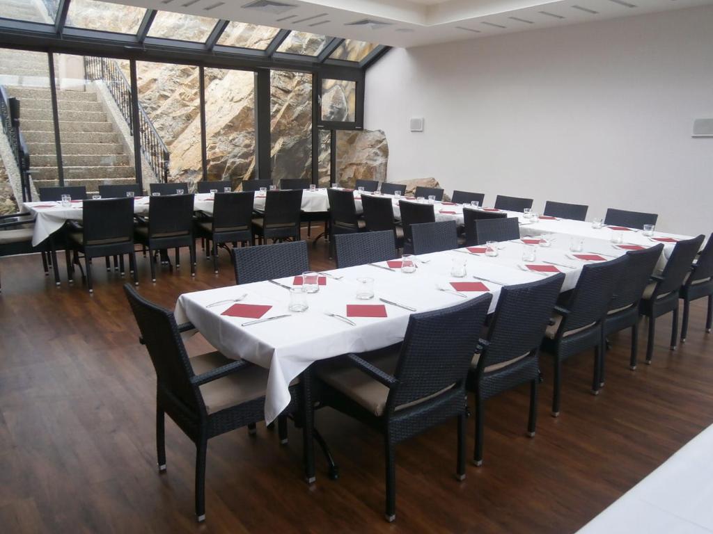a conference room with a long table and chairs at Hotel Dvorana in Karlovy Vary