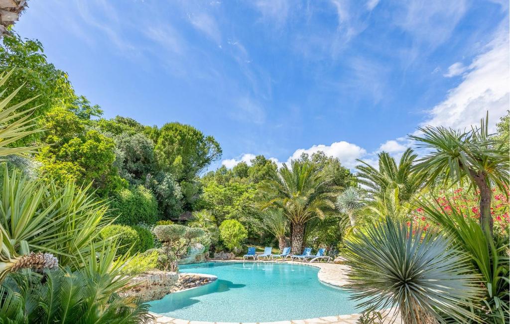 a swimming pool in a garden with palm trees at Pet Friendly Home In Roujan in Roujan