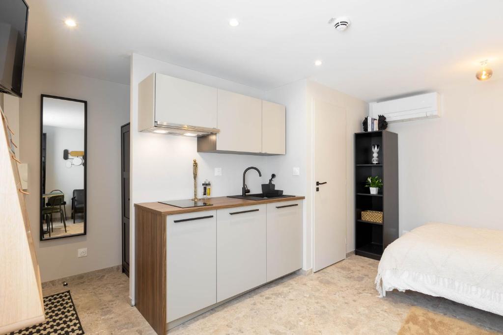 Kuchyň nebo kuchyňský kout v ubytování Appart Hôtel Coraline - Genas Lyon Eurexpo