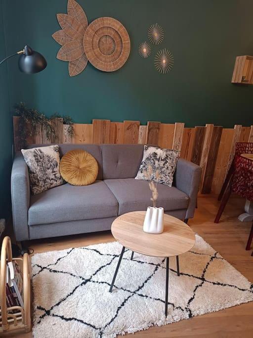 un salon avec un canapé et une table dans l'établissement Maison cœur de village, à La Salvetat-sur-Agout